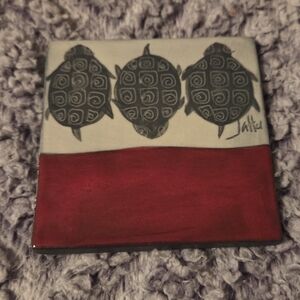 Artistic Ceramnic Turtle Coaster with Red Accent By Sally Jaffee 3.5 X 3.5 Inch